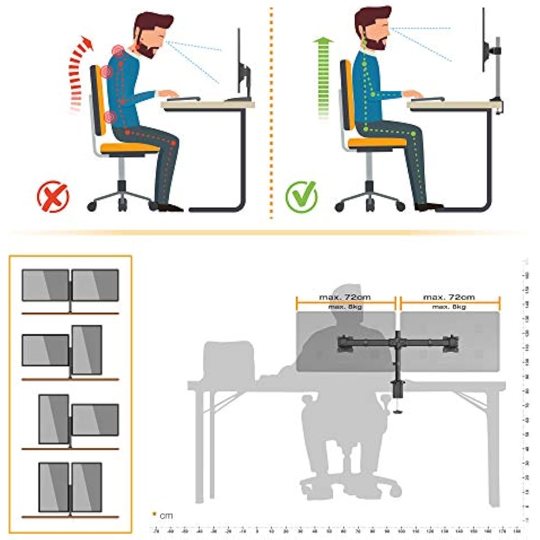 RICOO Dual Monitor Stand Tilt TS6211 Swivel 13-27 Inch VESA 75x75 100x100 Double Arm Mounting System LED LCD Screen Desk Mount Black