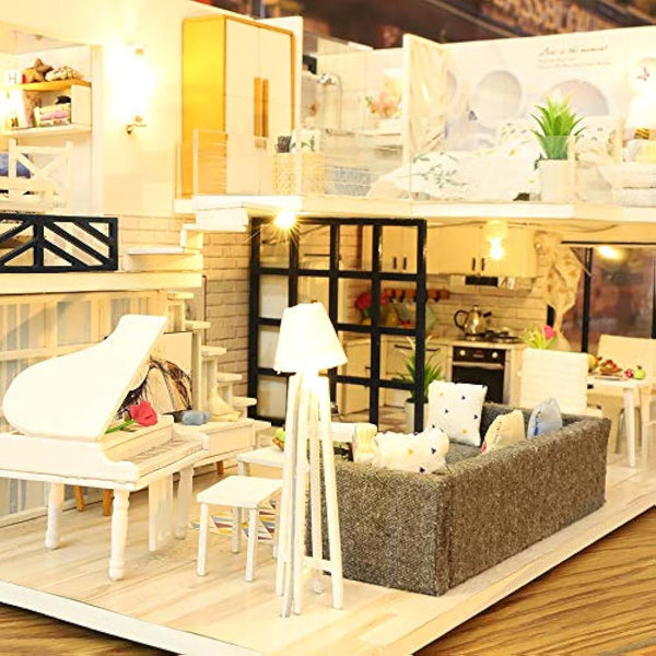 GuDoQi Miniature Dolls House Kit with Music, DIY Miniature House Model Kits to Build, Handmade Crafts for Adults to Make, Room Decoration, Make Your Own Birthday, Father's Day Simple Life