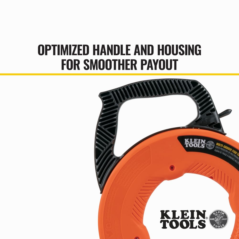 KLEIN TOOLS 56382 Fish Tape, Multi-Groove Fiberglass Wire Puller with Nylon Tip, Optimized Housing and Handle,Orange/Black, 15 m
