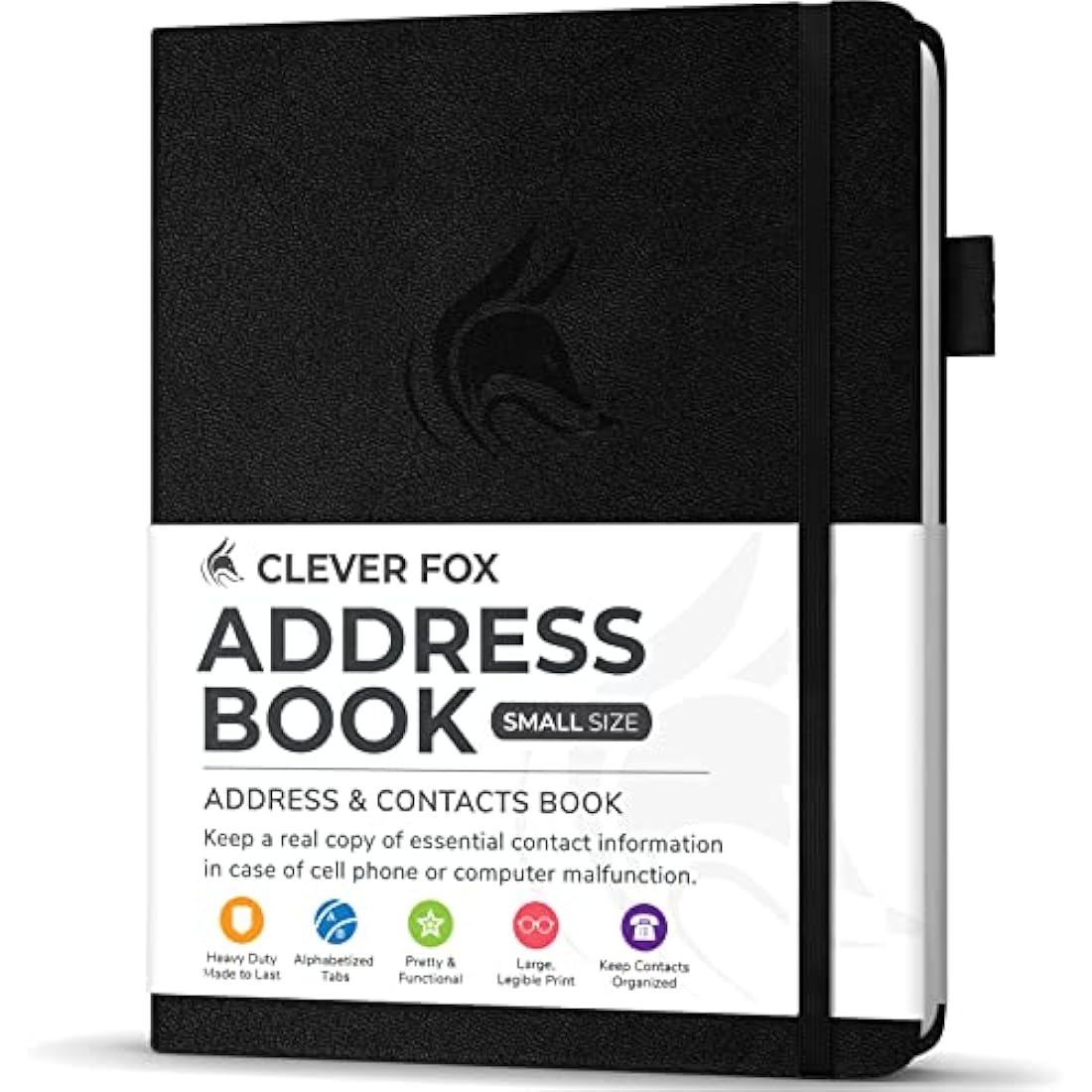 Clever Fox Address Book with alphabetic tabs - PU Leather Telephone and Address Book for Keeping Contacts Safe, Contact Organizer Journal, Small Size (10.5 x 14cm), Hardcover, Black