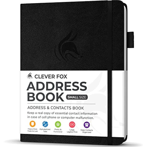 Clever Fox Address Book with alphabetic tabs - PU Leather Telephone and Address Book for Keeping Contacts Safe, Contact Organizer Journal, Small Size (10.5 x 14cm), Hardcover, Black