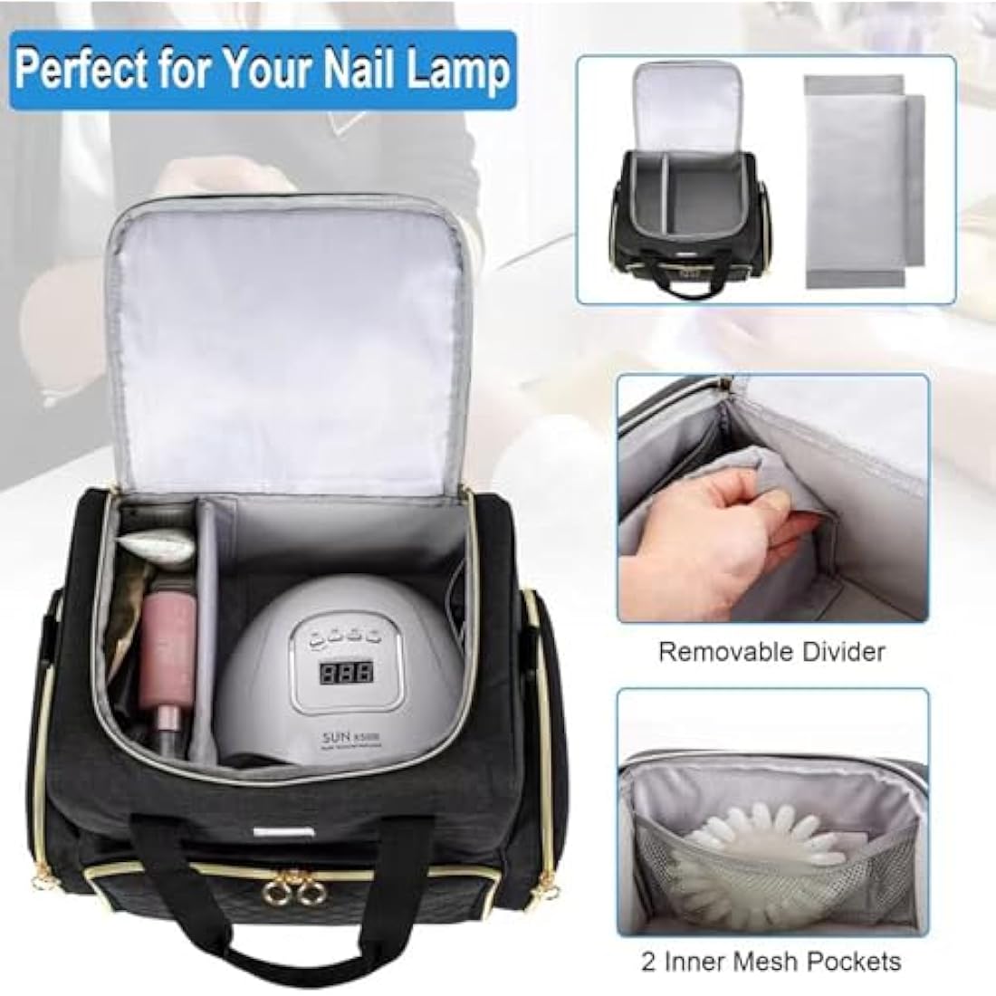 IVODEELA Nail Polish Organiser Bag,Large Nail Kit Bag Holds 80 Bottles and a Nail Lamp,Nail Polish Carrying Case with Two Removable Bags,Portable Nail Polish Holder for Nail Supplies