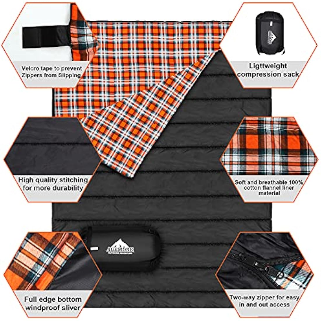 Double Cotton Flannel Sleeping Bag for Camping, Hiking, or Hiking. Queen 2 Cold Weather Waterproof Sleeping Bag for Adults or Teenagers.