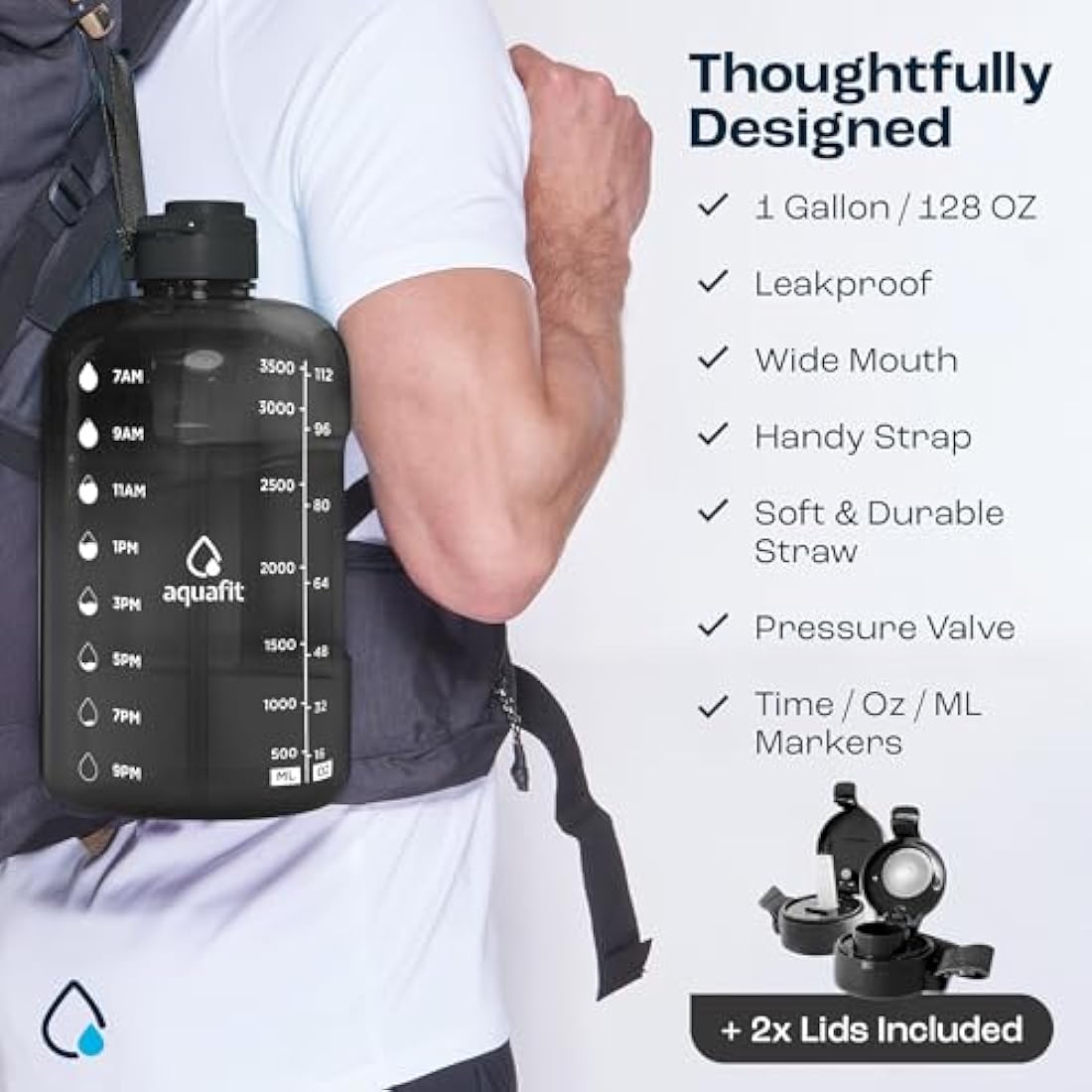 AQUAFIT 4 Litre Water Bottle with Straw - Water Bottle 4L with Time Marker - One Gallon Big Bottle with Straw - Large Bottle For Gym - 2 Lids, Grey Fade