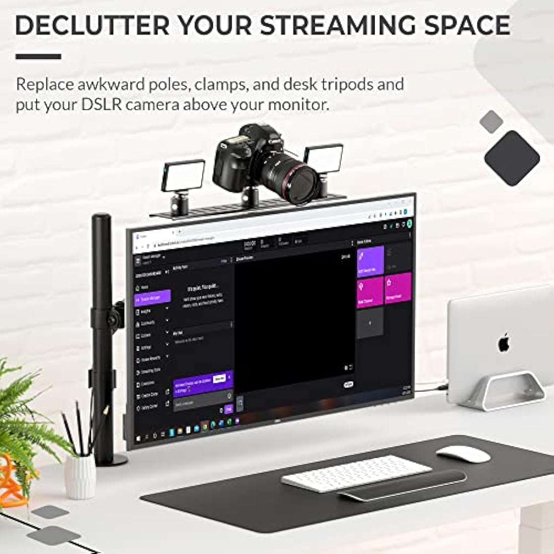 HumanCentric DSLR Monitor Mount Large, Desk Camera Mounting, Light Webcam, Microphone Shelf for Monitor VESA Arm, Replace Clamp Tripods, 100x100mm Patterns, Aluminum, Hardware Included