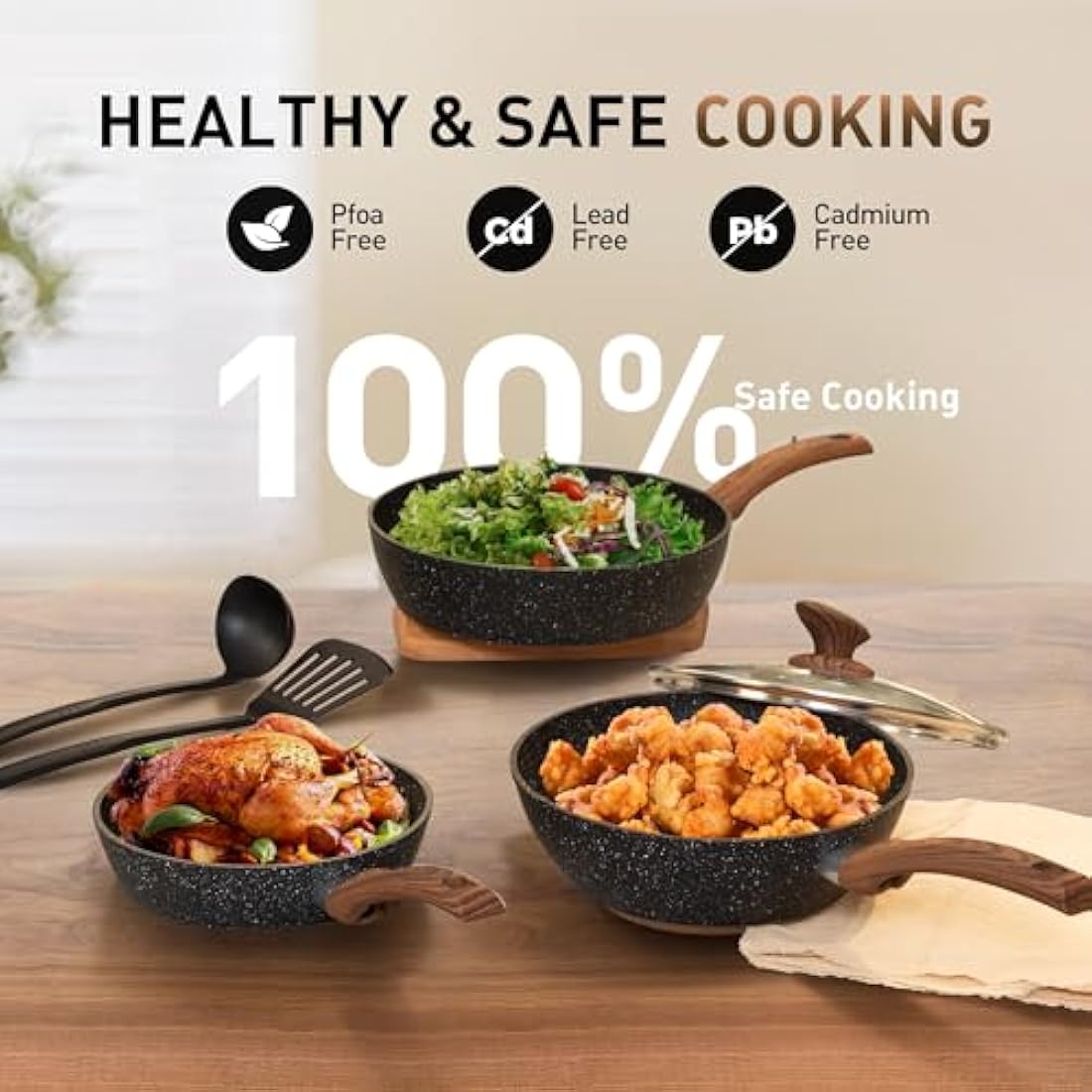 DishDelight 12 Piece Non-Stick Pots and Pans Set, Nonstick Induction Granite-Coated Cookware Set, Nonstick Saucepan Set, Black