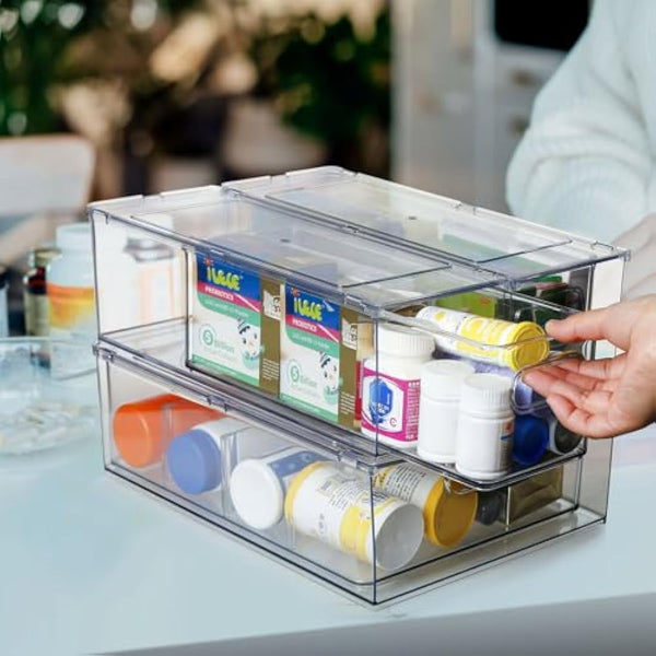 3 Pack Refrigerator Organizer Bins with Pull-out Drawer, Large Stackable Fridge Drawer Organizer Set with Handle, BPA-free Drawable Clear Storage for Freezer, Cabinet, Kitchen, Pantry Organization