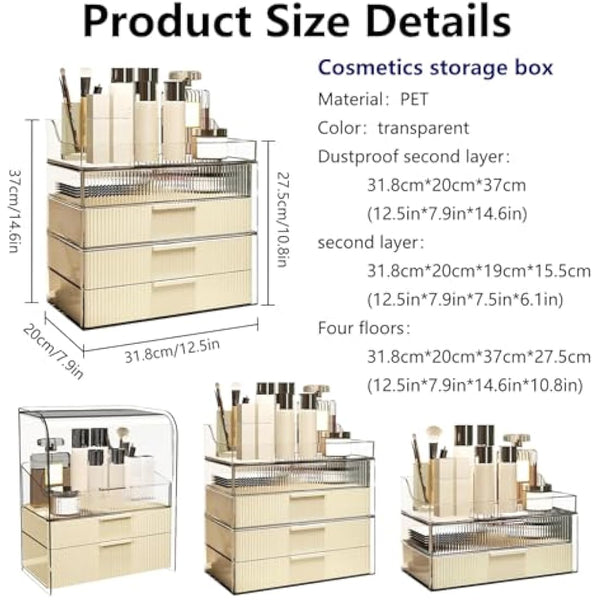 DASITON Cream Dustproof Four layers Storage Box,Makeup Brush Holder,Large Capacity Desktop Storage Box with Drawer,for Beauty Products,Perfume,Jewelry,Nail Polish