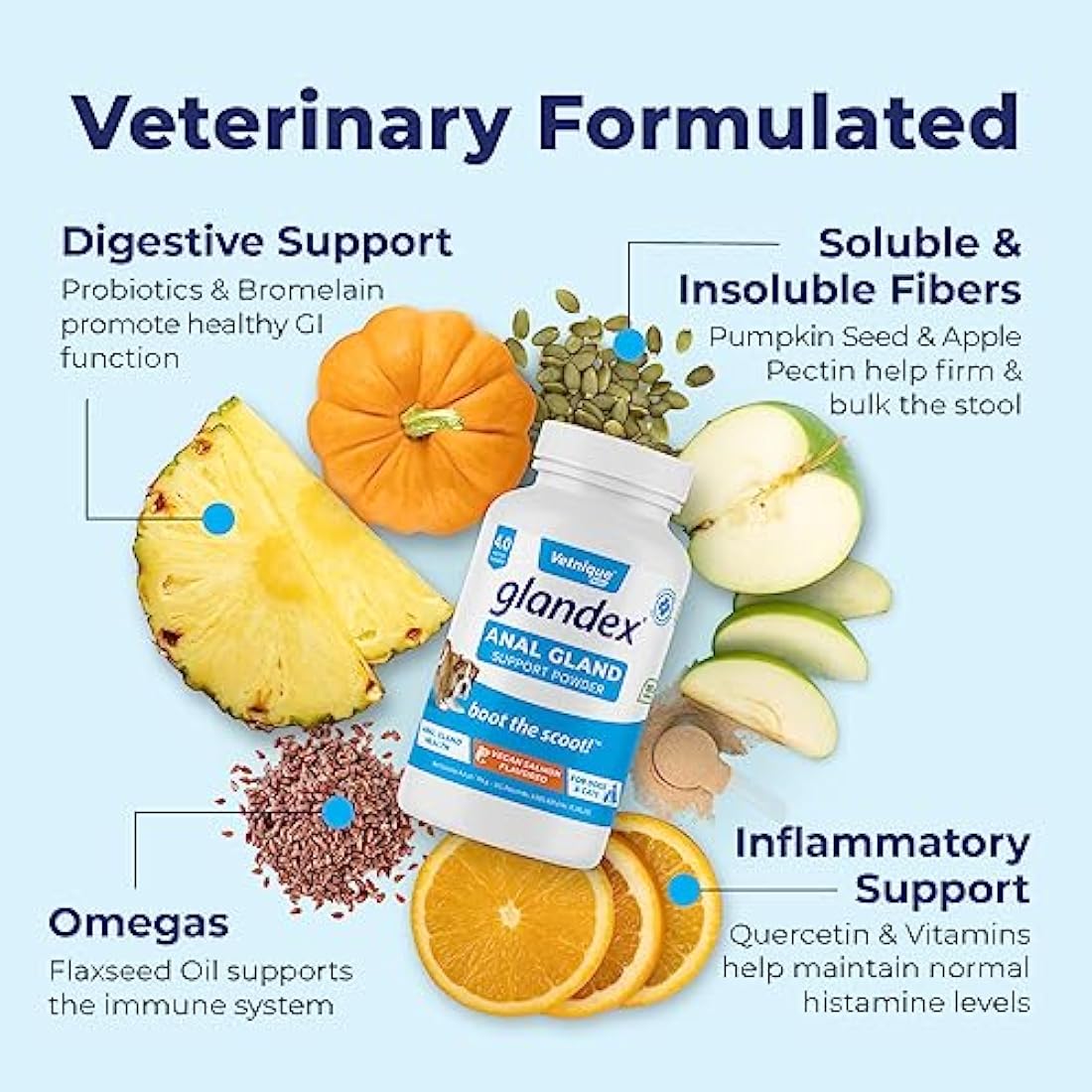 Glandex Dog & Cat Anal Gland Sac Fiber Supplement Powder With Pumpkin, Digestive Enzymes & Probiotics – Vet Recommended Healthy Bowels & Digestion - Boot The Scoot by Vetnique Labs (114g)
