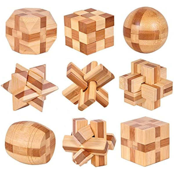 Holzsammlung Set of 9 3D Wooden Brain Teaser Puzzles, IQ Challenge Puzzle Games, Small Logic Mind Puzzle Box Toy Removing Assembling Lock Puzzle Gift Set for Adults Teenagers Kids, 1.8inch 4.5cm