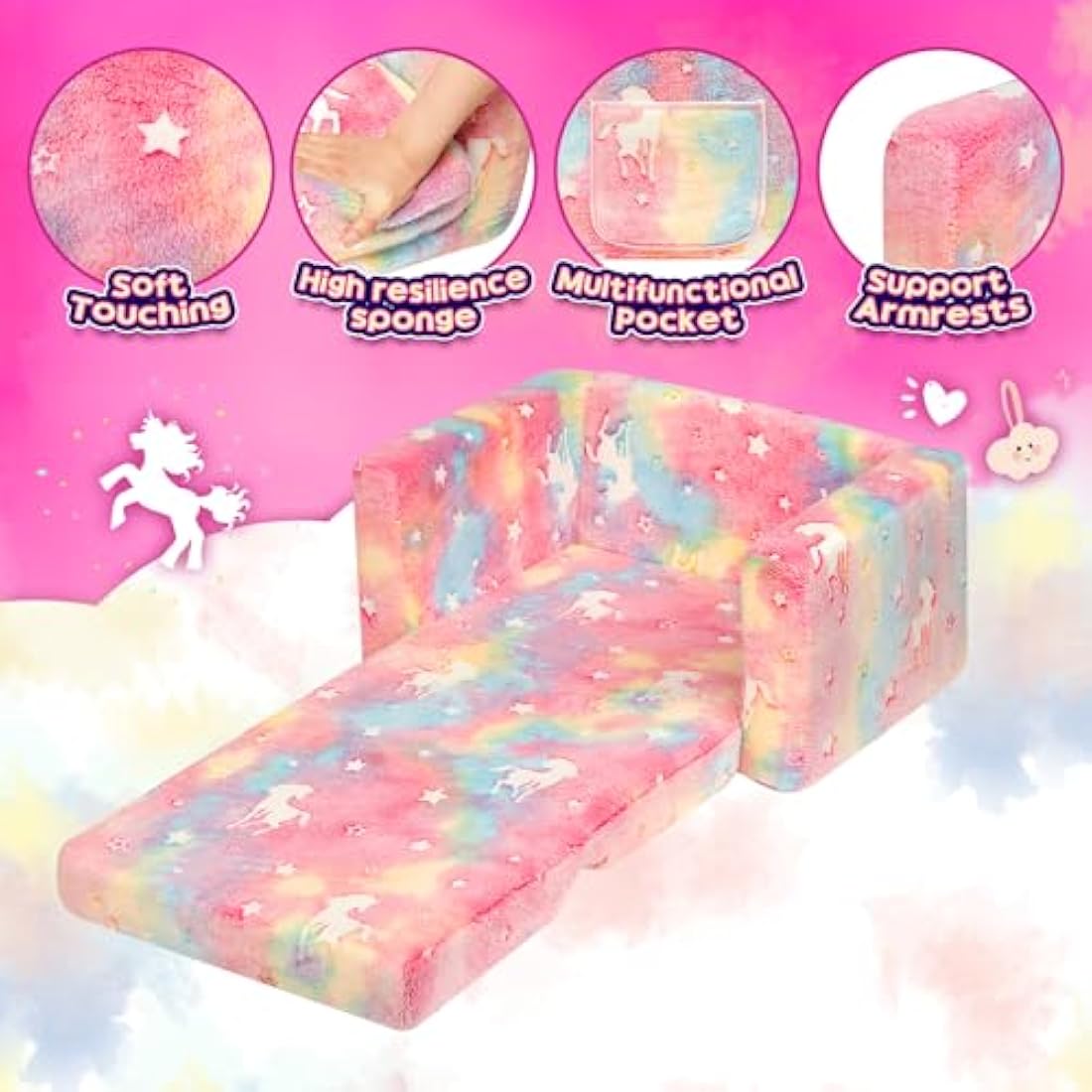 BEJOY Kids Sofa Bed 2-in-1 Flip Out Cuddly Flannel Toddler Couch Convertible Sofa to Lounger Children Sofa Bed Children's Day and Birthday Gift for Girls Boys, Candy Floss with Unicorns