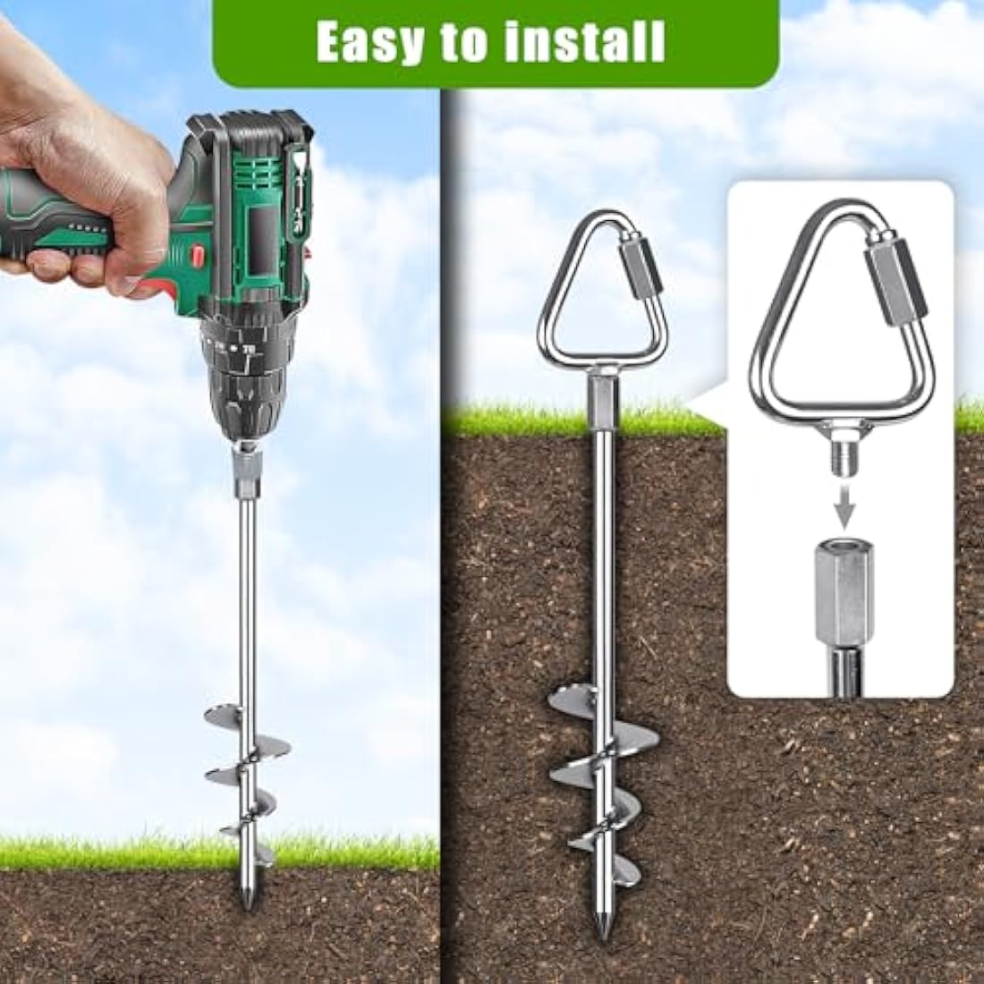 Insaga Ground Anchor, 4pcs Heavy Duty Tent Peg Trampoline Earth Stake Strong Storm Spiral Screw Spike for Garden Swing/Camping/Canopy/Shed/Dog/Carport with Carabiner Lockset, Orthogonal Triangle/44cm