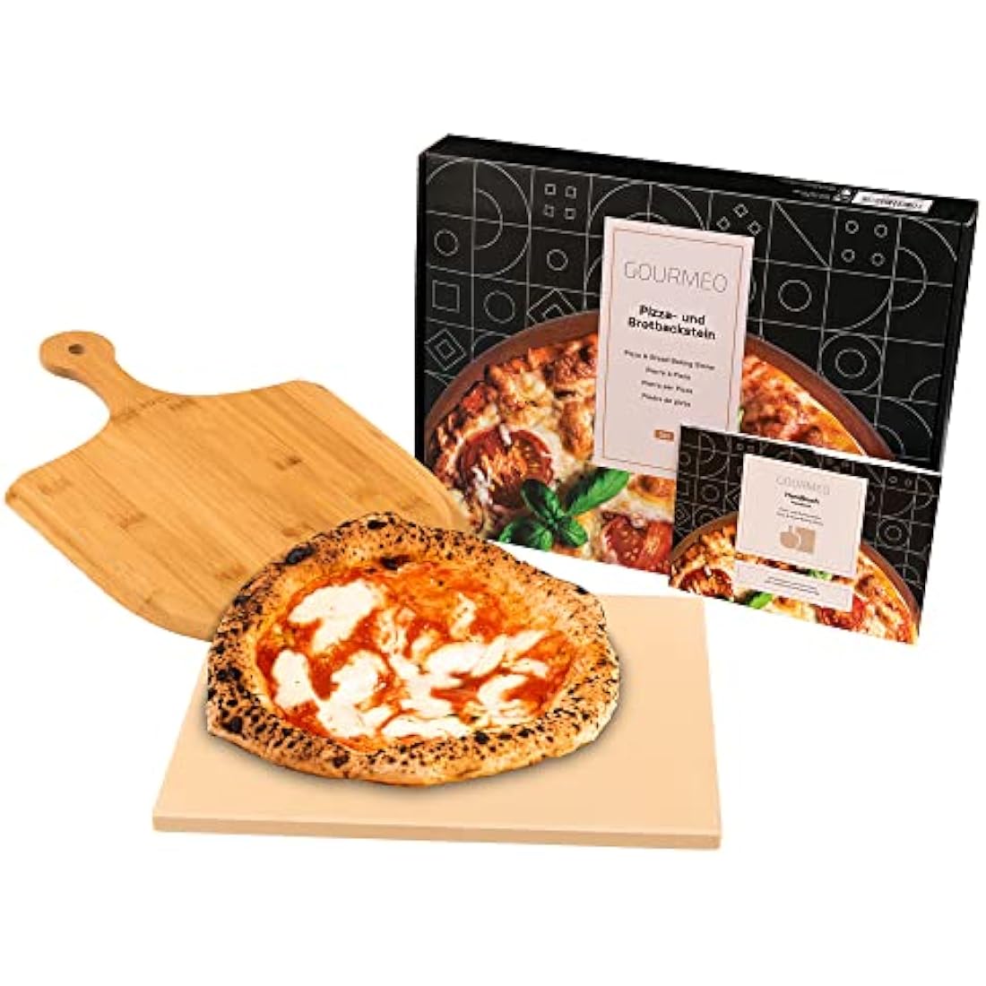 GOURMEO Pizza Stone Kit w/Bamboo Wood Paddle - 38x30cm - Cordierite Pizza Stones for Oven & BBQ - Even Heat Distribution
