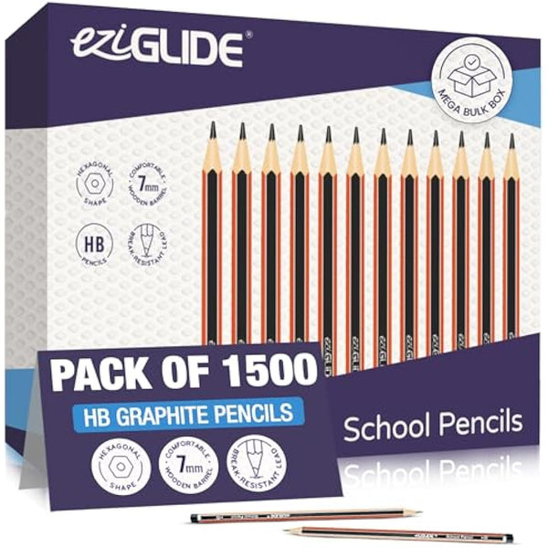 Eziglide HB Graphite School Pencil, Bulk Pack of 1500 Hexagonal Pencils with Presharpened, Break Resistant Super Bonded HB Leads, Ideal for use at School in the Classroom, Home or the Office
