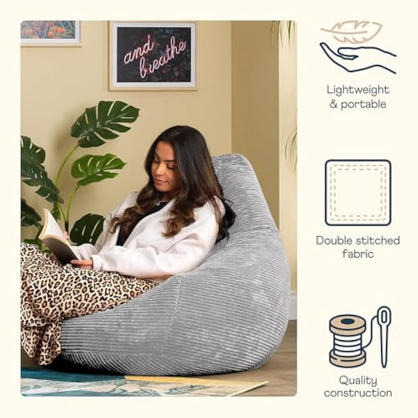 icon Dalton Cord Recliner Bean Bag, Grey, Large Adult Bean Bag Chair with Filling Included, Comfy Chair, Living Room Furniture, Bedroom Furniture
