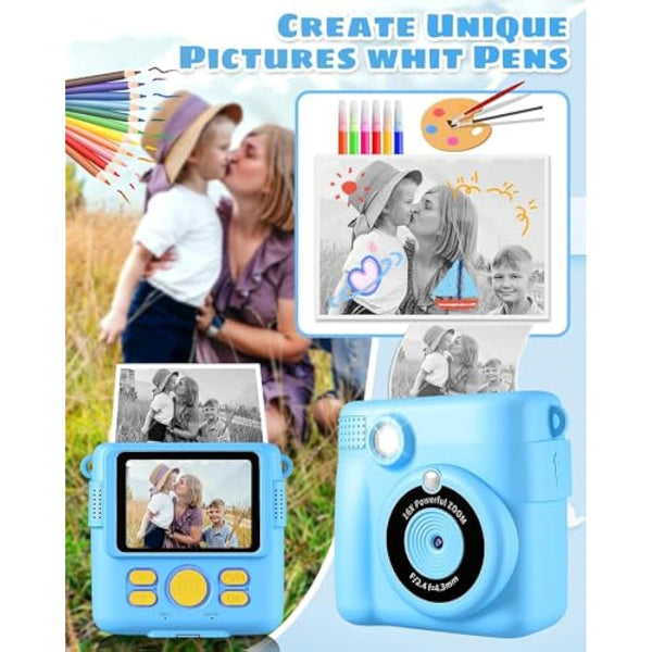 Instant Print Camera, Kids Camera Digital Camera 1080P HD Photo and Video Recording with 32G SD Card, 3 Rolls Photo Paper for Age 6-12 Boys and Girls Birthday Chirstmas Gifts (Blue)