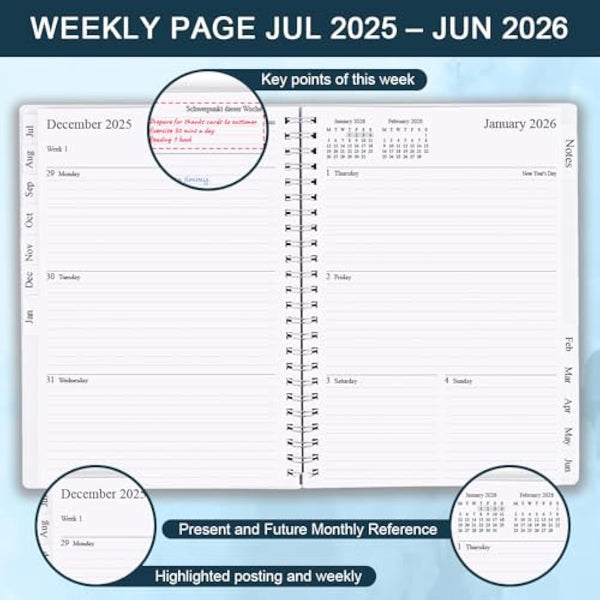 Diary 2025-2026, A5 Weekly/Monthly Planner with Monthly Tabs, 2025-2026 Planner from Jul 2025 to Jun 2026, Twin-Wire Binding,Easy to Organize Your Daily Life,14.8×21cm, Planners 2025-2026 Week to View