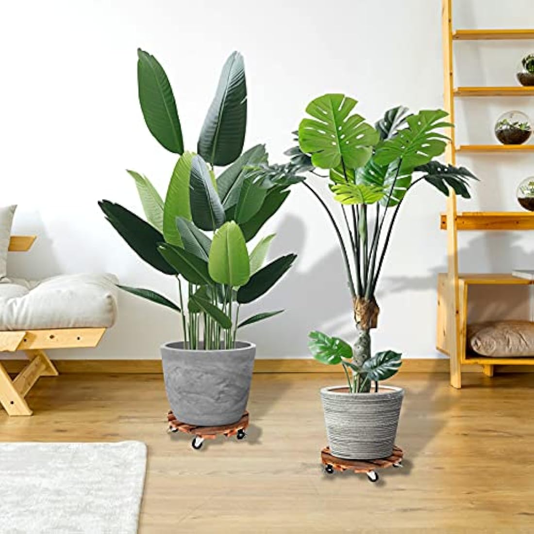 2 Pack Plant Caddy Wooden Plant Stand with Wheels 12 Inch-30 CM Round Plant Roller with Metal Lockable Caster Wheels Heavy Duty Rolling Plant Stand Plant Dolly