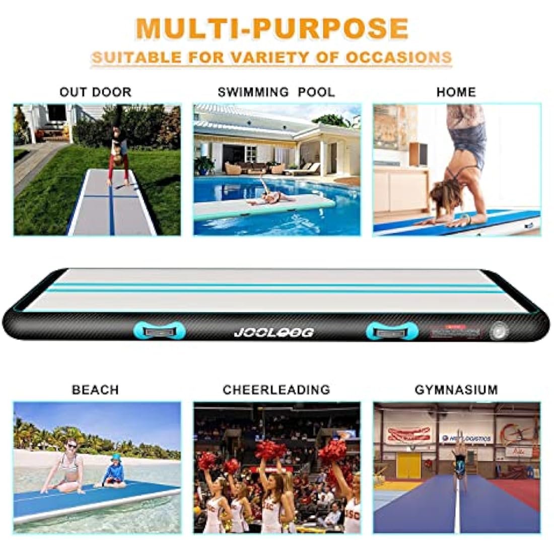 JOOLOOG Premium Air Tumbling Gymnastics Mat 2M 3M 4M 5M 6M Inflatable Air Tumble Mat for Kids Gymnastics Thick 10cm/20cm with 650W Electric Air Pump
