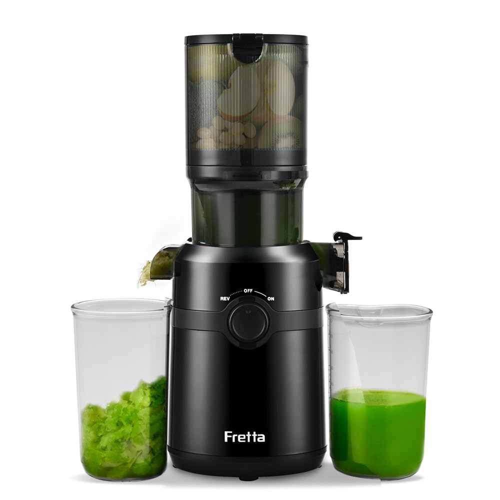Cold Press Juicer Machines,Fretta Slow Masticating Juicer with 108mm &1.0L Hopper for Whole Fruits and Vegetables,200W Self Feeding High Yield Juice Extractor,BPA Free Tritan, (Black)