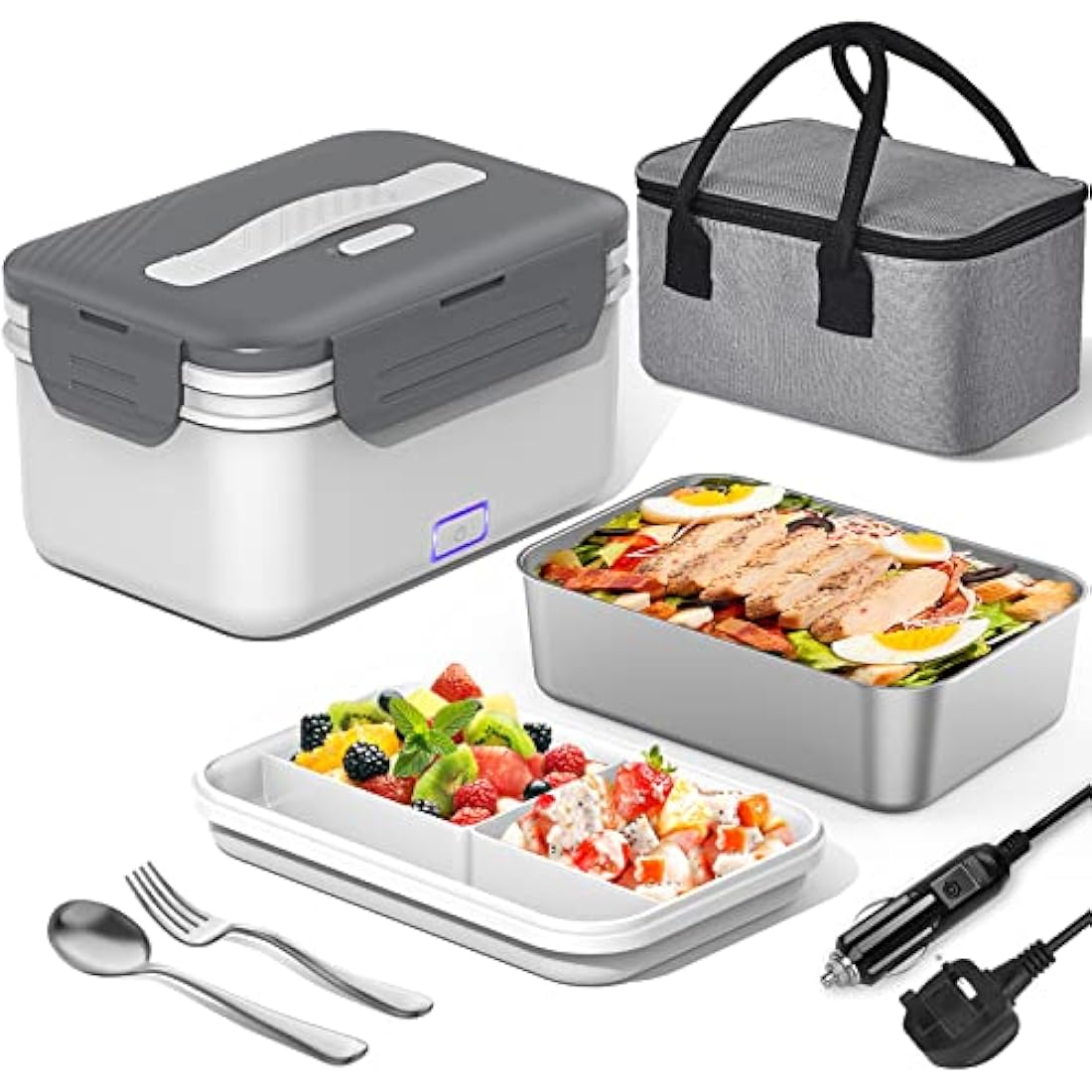 Herrfilk 100W Electric Lunch Box Adults, 1.8L Thermal Lunch Box with Compartments for Fruits, Heated Lunchbox with 230V Home/Office & 12V 24V Car/Truck Cables, Insulated Lunch Bag, Spoon and Fork