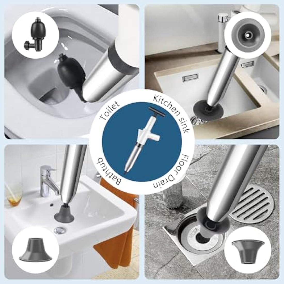 inShareplus Toilet Plunger, White Toilet Unblocker Heavy Duty, High Pressure Plunger Kit with 4 Replaceable Heads, Plunger Sink Unblocker for Unblocking Toilets, Sink, Bathtub, Floor, Drain