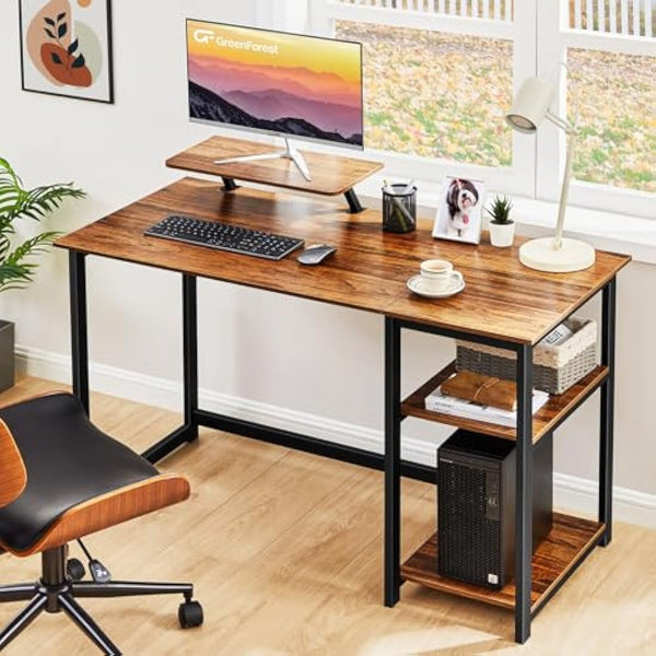 GreenForest Computer Desk with Monitor Stand,100cm Home Office Desk with Reversible Storage Shelves,Study Desk for Small Spaces,Brown