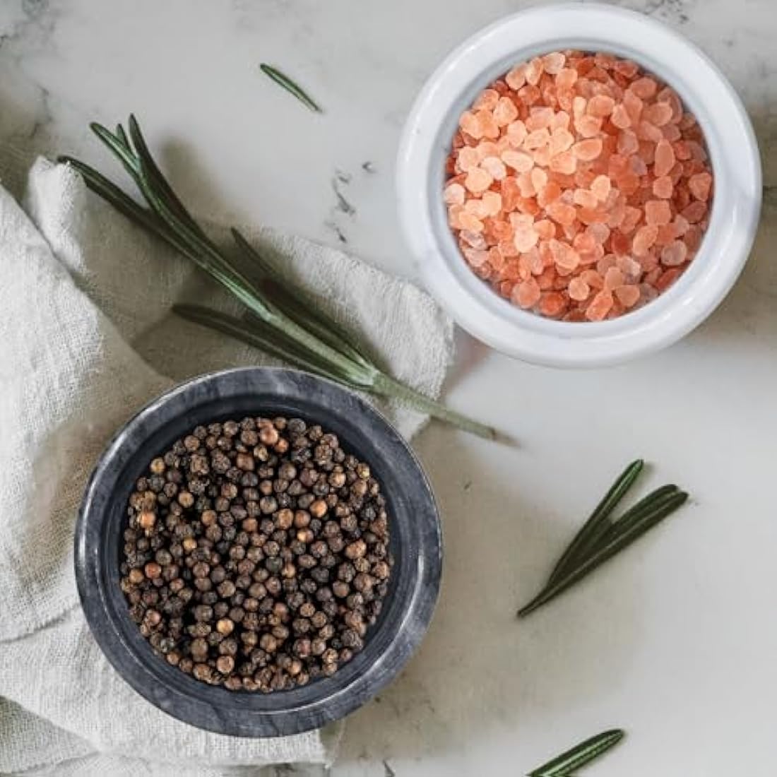 Flexzion Marble Salt Cellar with Lid - Salt and Pepper Bowls Dish Container for Kitchen - Marble Pepper Jar Storage Box Holder for Paprika, Herbs, Sugar, Jewelry & Watches (Set of 2, Black & White)