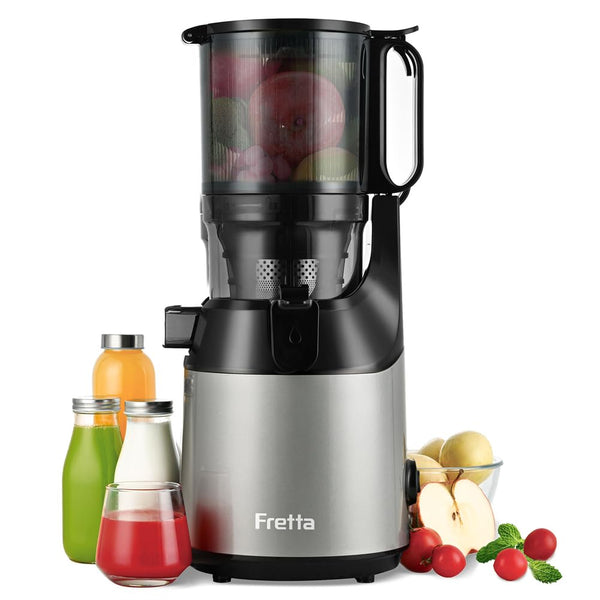 Cold Press Juicer Machines,Fretta Slow Masticating Juicer with 108mm &1.0L Hopper for Whole Fruits and Vegetables,200W Self Feeding High Yield Juice Extractor,BPA Free Tritan, (Black)