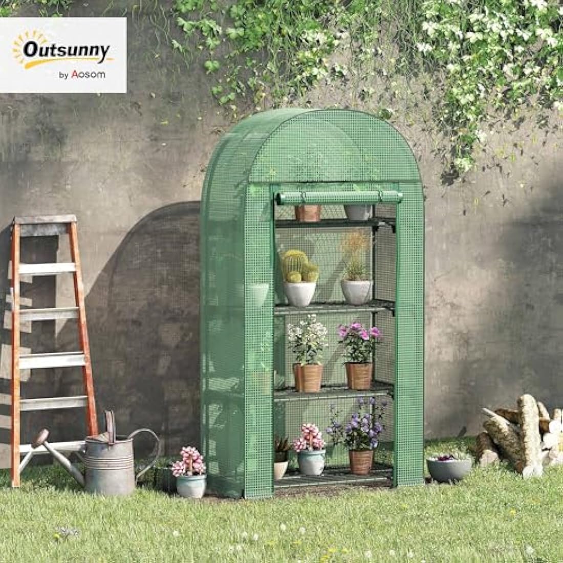Outsunny 4 Tier Mini Greenhouse for Outdoor, Portable Gardening Plant Green House with Storage Shelf, Roll-Up Zipped Door, Metal Frame and PE Cover, 80 x 49 x 160cm, Green