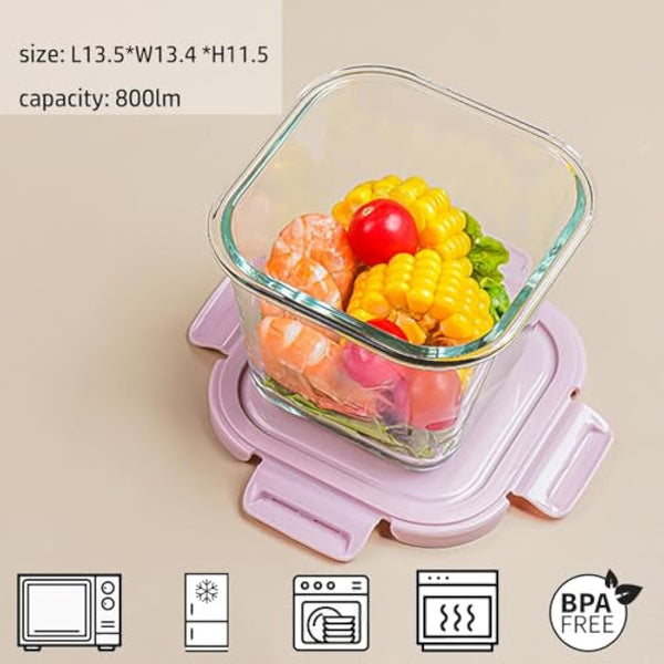 S.ROKE TTAN Square Glass Food Containers With Lids, Leak Proof Soup Container, 920ML Heat Resistant Glass Food Container, Meal Prep Bowls, Borosilicate BPA-Free, Freezer、Dishwasher Safe (4)