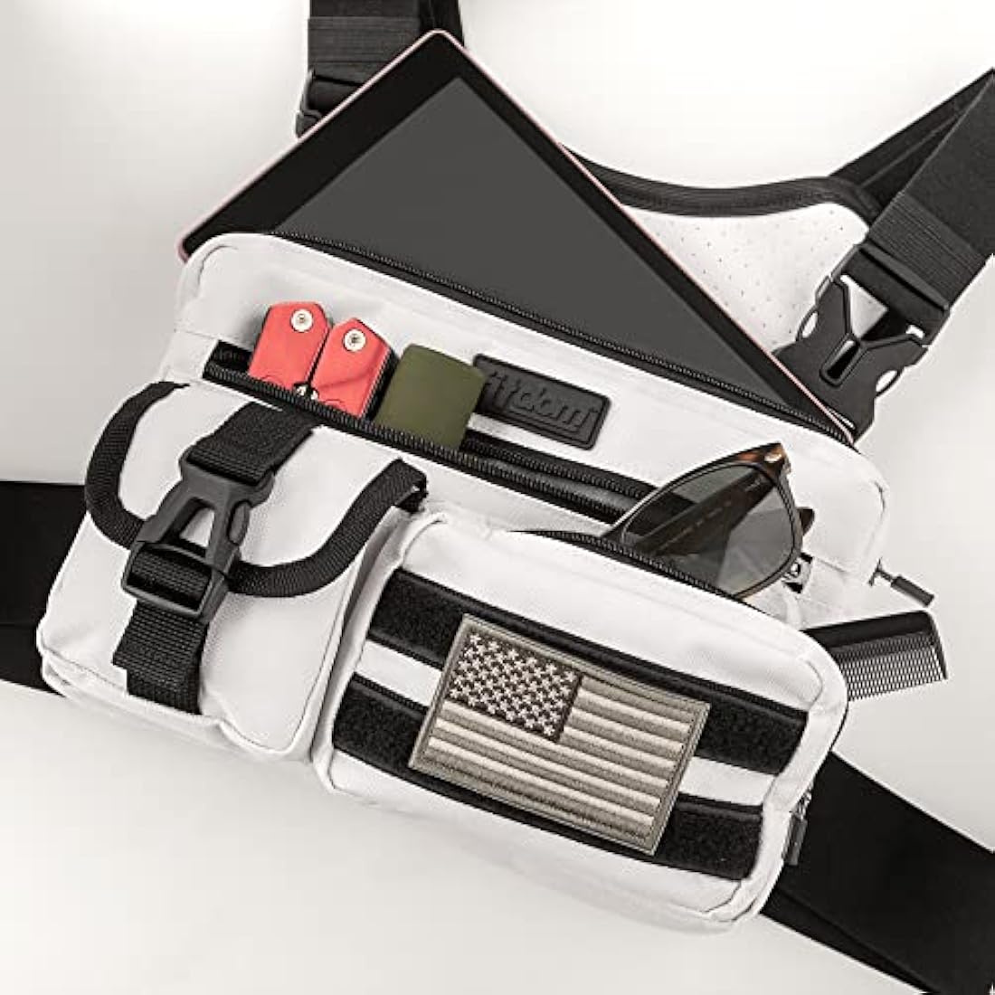 Fitdom Tactical Inspired Sports Utility Chest Pack. Chest Bag for Men with Built-in Phone Holder. This EDC Rig Pouch Vest is Perfect for Workouts, Cycling & Hiking, White, Vest Fit