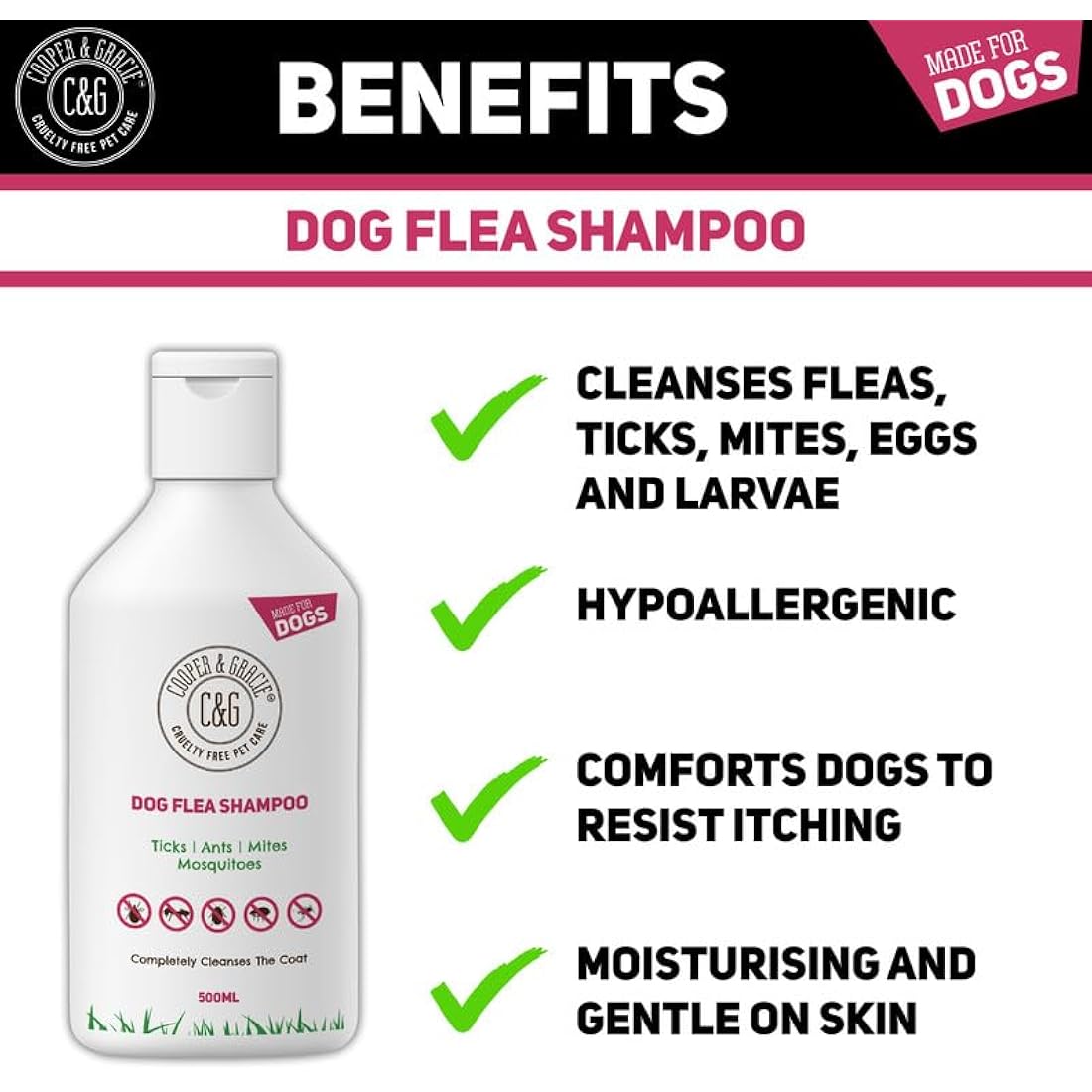 Dog Flea & Tick Shampoo for Itchy Skin 500ml - Medicated Flea & Tick Cleanser for Sensitive and Smelly Dogs - Antibacterial & Anti-Fungal Grooming Product