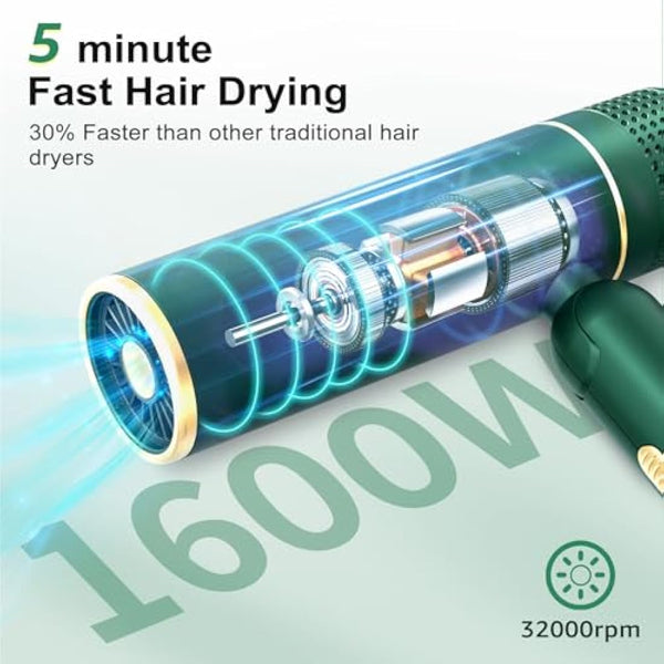 7MAGIC Travel Ionic Hair Dryer, Lightweight Foldable Blow Dryer with Diffuser for Curly Hair & Constant Temperature Care, Anti-Hair Suction Technology Hairdryers for Women, Green