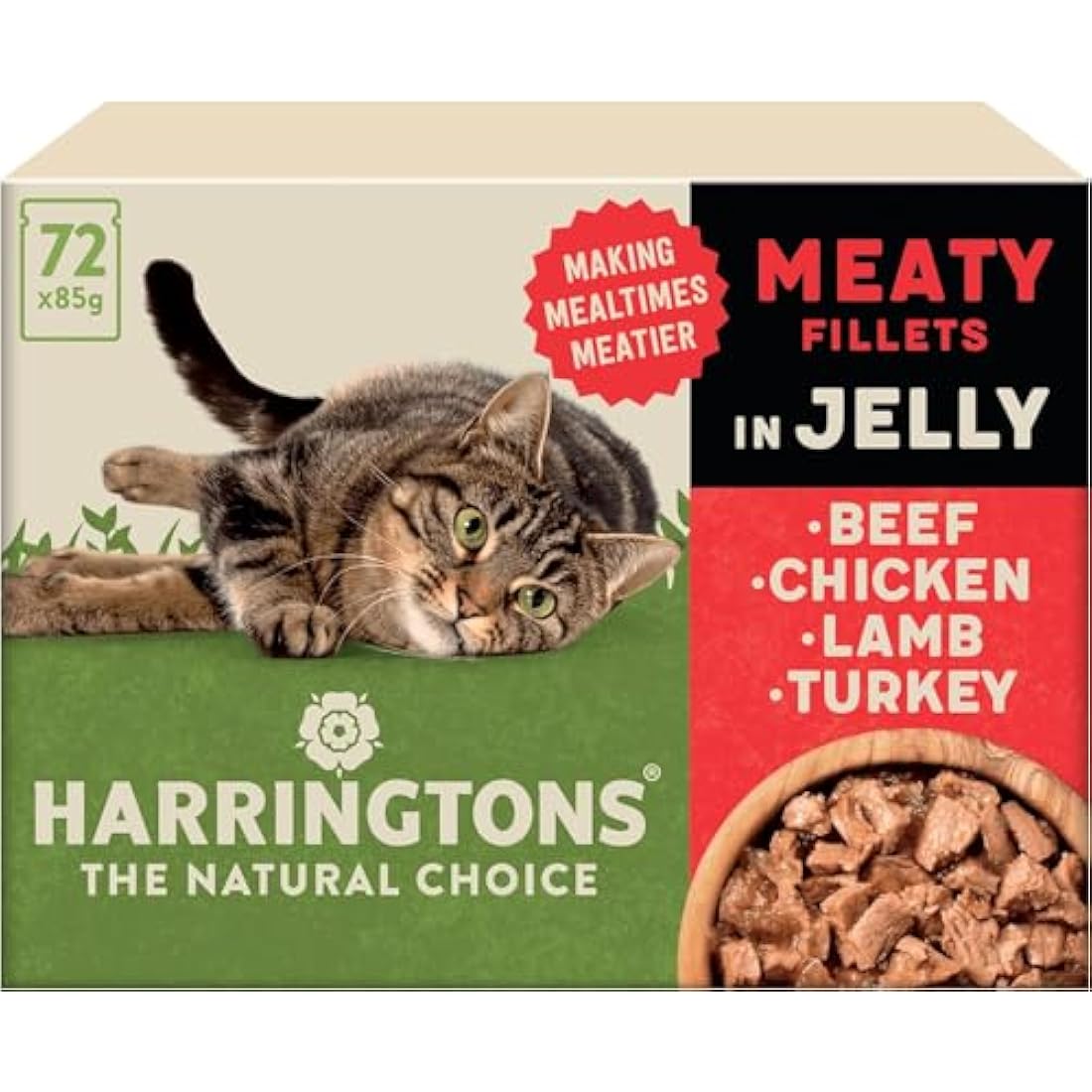 Harringtons Complete Wet Pouch Grain Free Hypoallergenic Adult Cat Food Meaty in Jelly Pack 72x85g - Beef, Chicken, Lamb & Turkey - Making Mealtimes Meatier