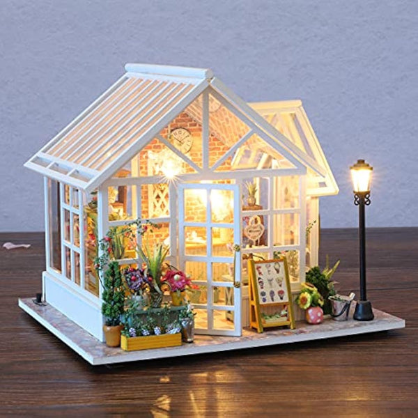 GuDoQi Miniature Dolls House Kit with Music, DIY Miniature House Model Kits for Adults to Build, Handmade Crafts Kit, Room Decoration, Make Your Own Birthday, Father's Day Flower Shop