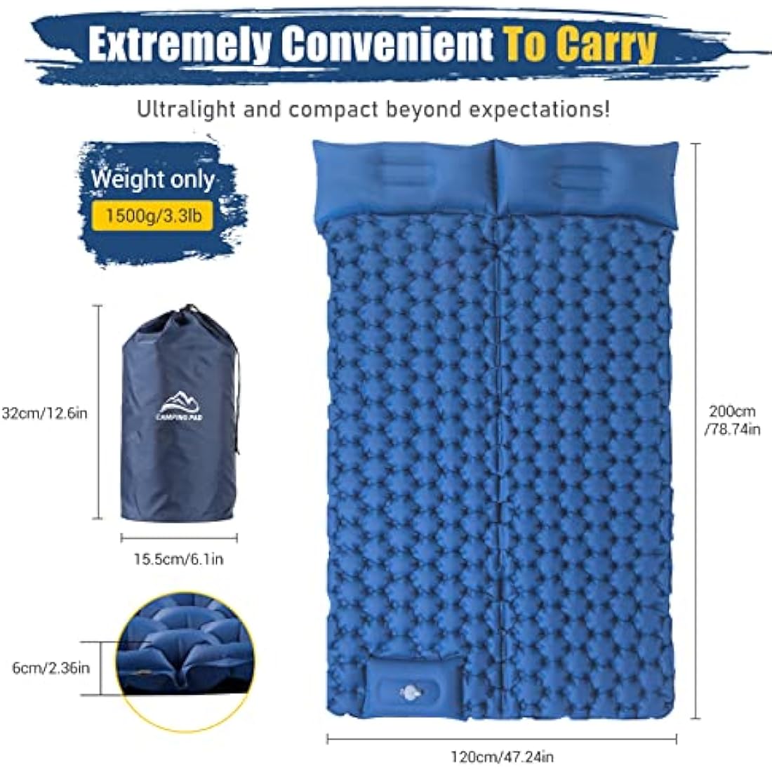 Elegear Camping Mattress Double,Self Inflating Camping Sleeping Mat Double Foot Pump with Pillow Lightweight Sleeping Mat Portable,Outdoor Camping Pad for Hiking Travel Backpacking Beach