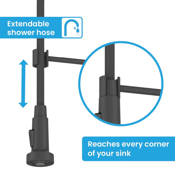 Bächlein Kitchen Faucet 360 Degree Swivel (Brushed Stainless Steel) - One-Hand Sink Mixer with Flexible Neck and Shower with Switch Button, Kitchen Faucet with Magnetic Holder