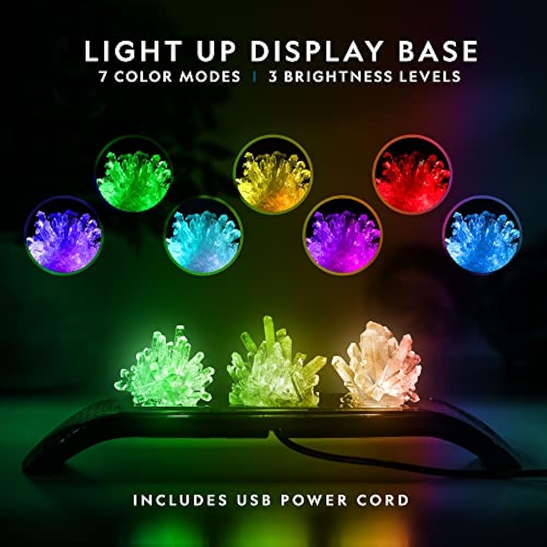 NATIONAL GEOGRAPHIC Crystal Growing Kit - 3 Vibrant Coloured Crystals to Grow with Light-Up Display Stand & Guidebook, Includes 3 Real Gemstone Specimens Including A Geode & Green Fluorite