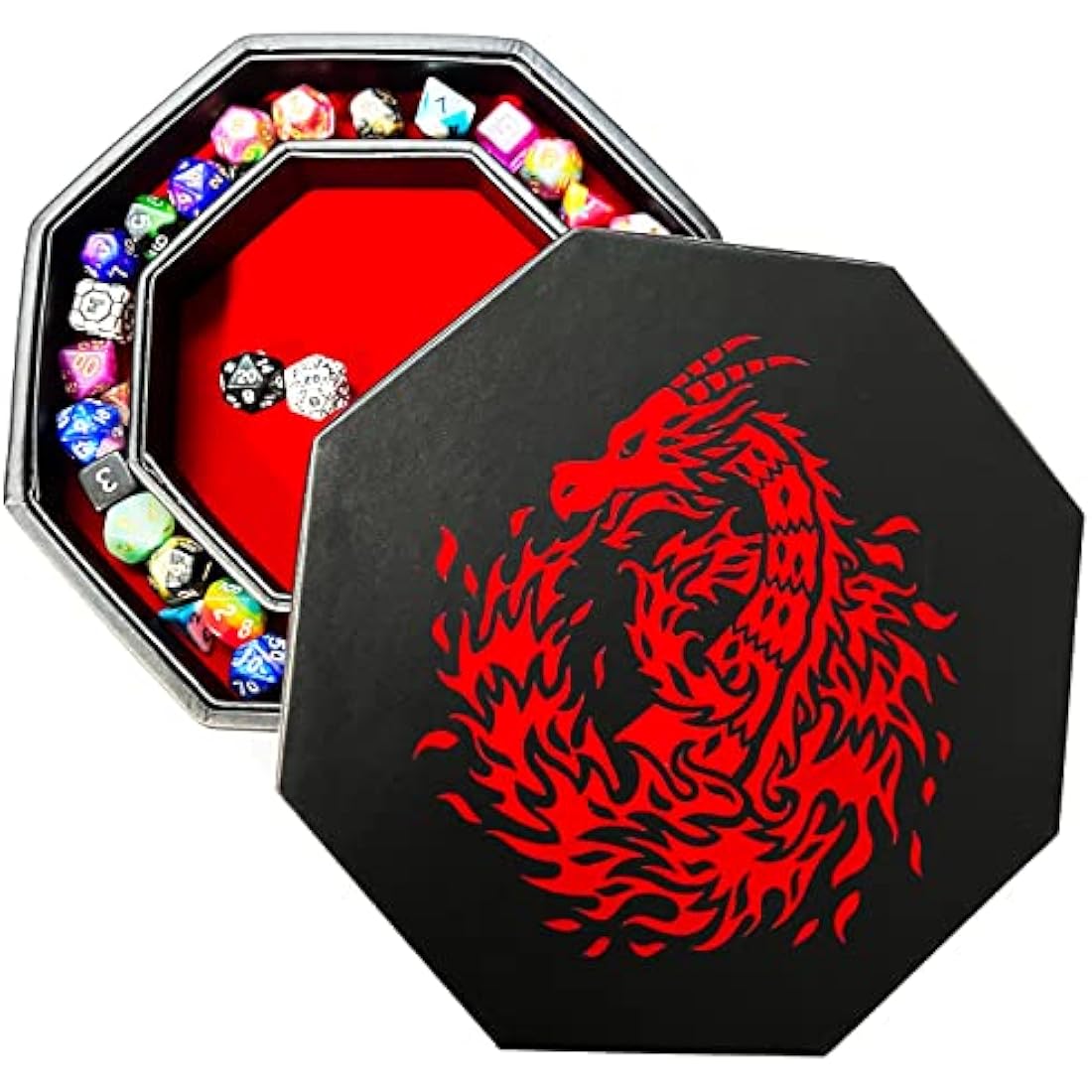 Fantasydice- Fire Dragon - Dice Tray - 20CM Octagon with Lid and Dice Staging Area- Holds 5 Sets of Dice(7 / Standard) For All Tabletop RPGs Like D&D, Call of Cthulhu, Shadowrun. (RED)