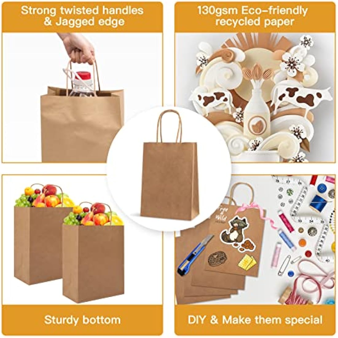 HAUSPROFI 25pcs Kraft Paper Bags for Gifts, Food & Sweets, Strong Carrier Bags with Twisted Handles for Kid Parties, Weddings, 27x21x11cm, Thicken 130gsm