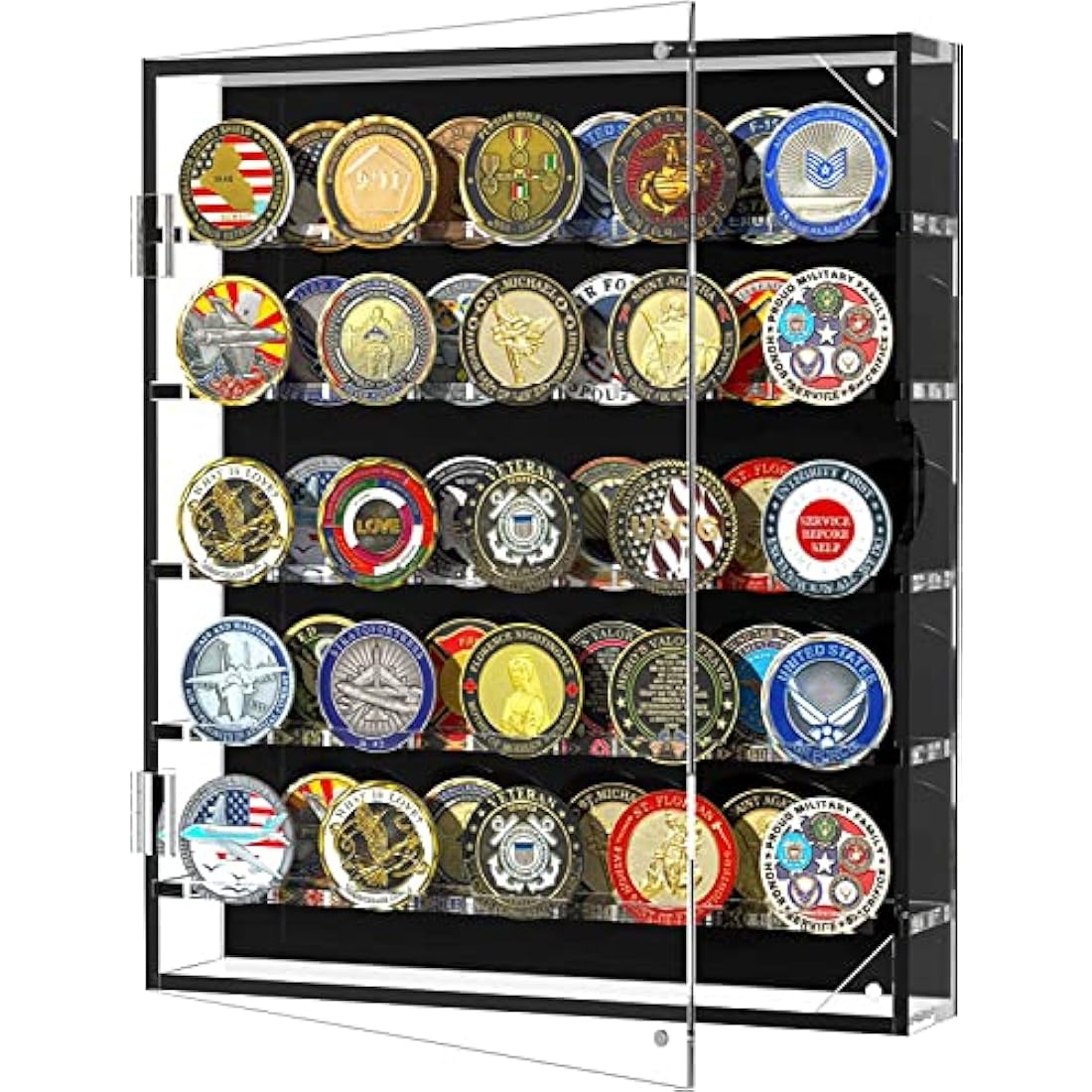 Challenge Coin Wall Display Case, Acrylic Military Challenge Coin Holder with Removable Shelves and Magnetic Door,Coin Box fits 45 Military Medals Poker Chip