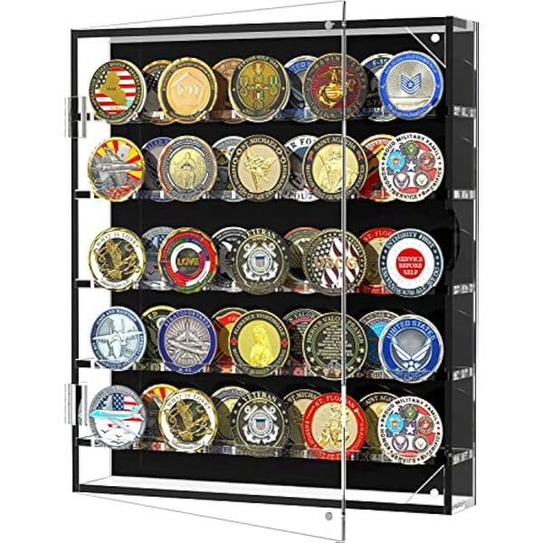 Challenge Coin Wall Display Case, Acrylic Military Challenge Coin Holder with Removable Shelves and Magnetic Door,Coin Box fits 45 Military Medals Poker Chip