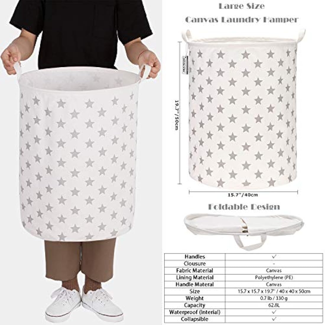 Sea Team 19.7 Inch Large Sized Waterproof Coating Ramie Cotton Fabric Folding Laundry Hamper Bucket Cylindric Burlap Canvas Storage Basket with Stylish Grey Stars Design