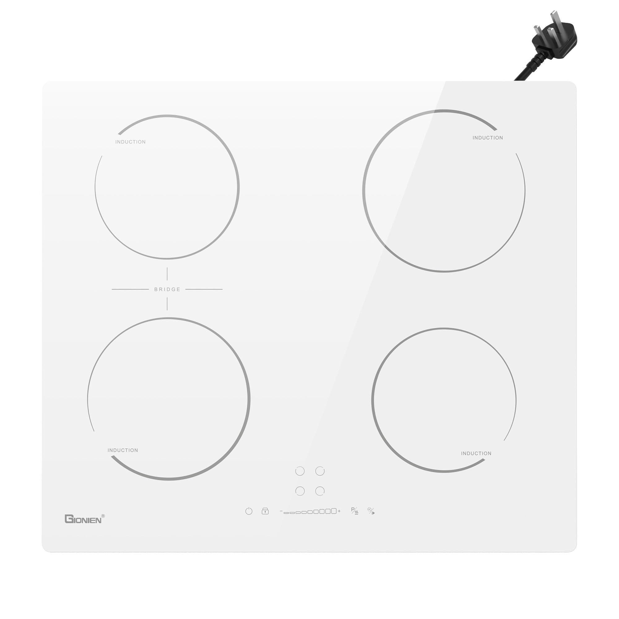 GlONlEN Plug-in Induction Hob White 13 Amp 2800W,59cm Integrated Electric Cooktop with Bridge Zone, 4 Cooking Rings,Built-in Cooker