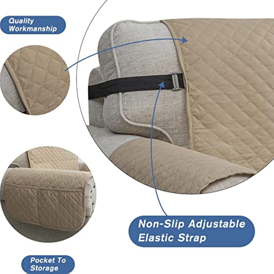XINEAG Quilted Sofa Covers 2 Seater, Water Resistant Loveseat Covers Sofa Slipcovers with Pockets, Non Slip Sofa Cover for Dogs Pets, Washable Furniture Protector with Elastic Strap (Loveseat, Khaki)