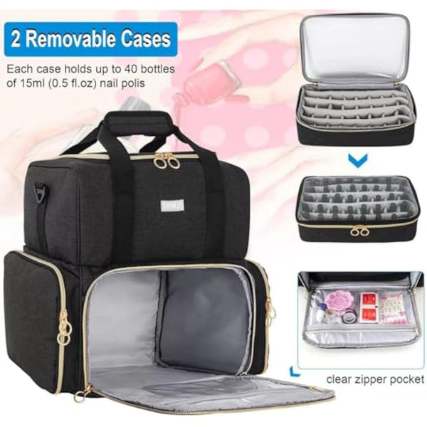 IVODEELA Nail Polish Organiser Bag,Large Nail Kit Bag Holds 80 Bottles and a Nail Lamp,Nail Polish Carrying Case with Two Removable Bags,Portable Nail Polish Holder for Nail Supplies