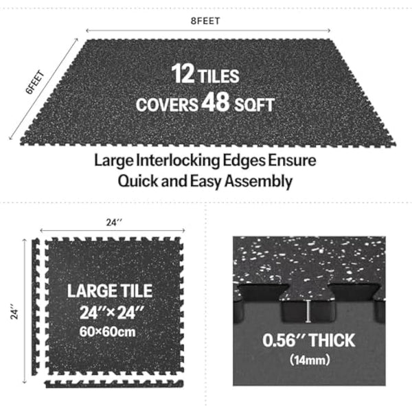 AIRHOP 0.56in Thick 48 Sq Ft Exercise Equipment Mats, 12 Tiles Upgraded Rubber Top with High Density EVA Foam, Large Interlocking Puzzle Gym Flooring For Home Gym, Heavy Weight Workout, 24 x 24in