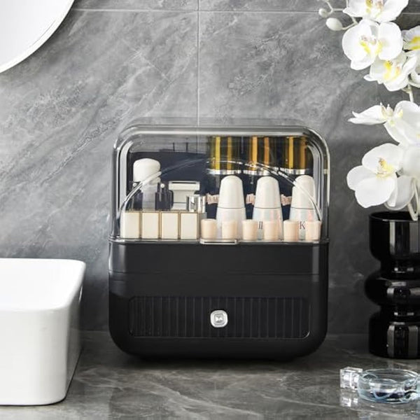 RMAN Makeup Organiser Portable Makeup Storage with Drawer and Clear Lid for Bedroom, Bathroom and Dressing Table, Waterproof and Dustproof - Black