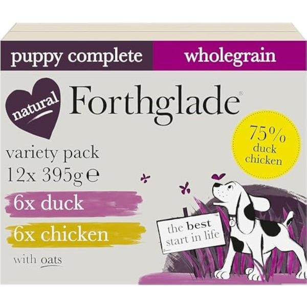 Forthglade Complete Natural Wet Dog Food - Wholegrain Variety Pack (12 x 395g) Trays - Chicken & Duck with Wholegrain Oats & Vegetables - Puppy Dog Food 2-12 months